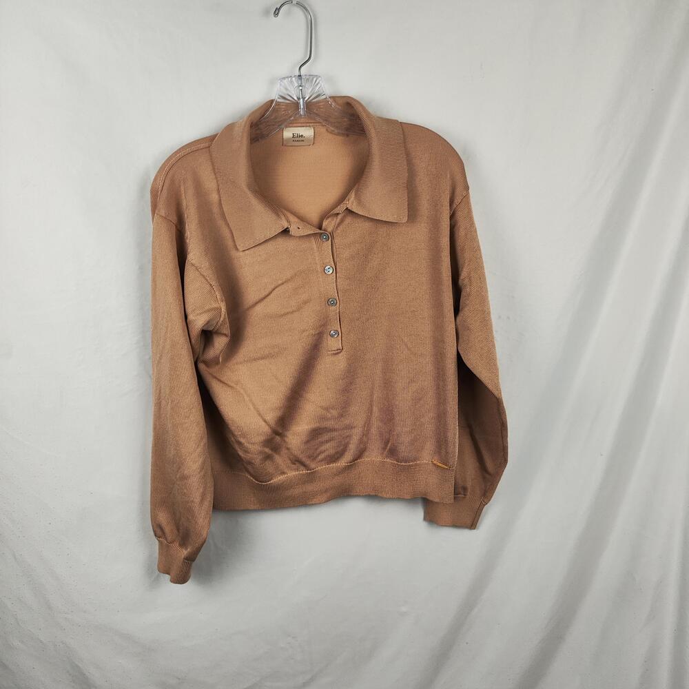 Elie Tahari Sweater Womens Large Brown Collared Button Knit Long Sleeve Pullover